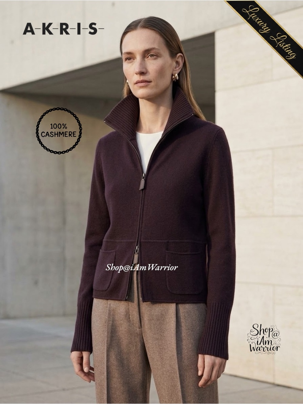 Akris Dark Raisin Plum 100% Cashmere Two-Way Zip Funnel Neck Cardigan Sweater
